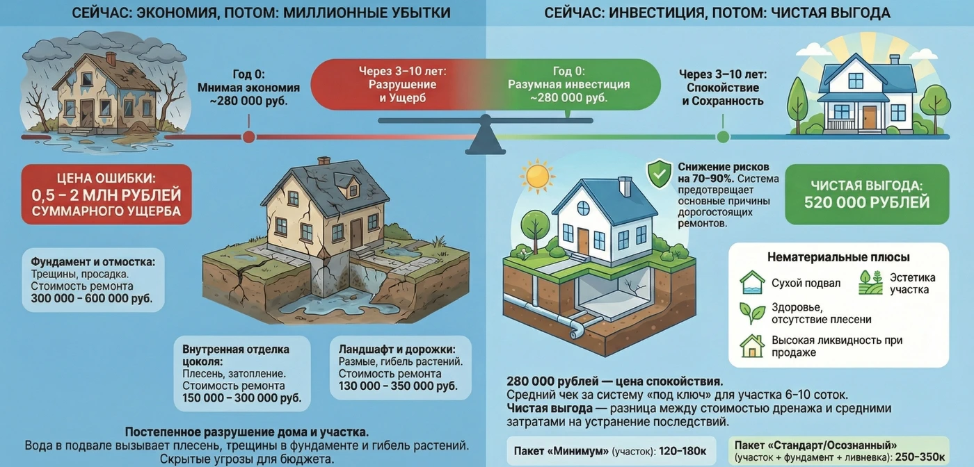 Сравнение стоимости: ремонт последствий vs дренаж