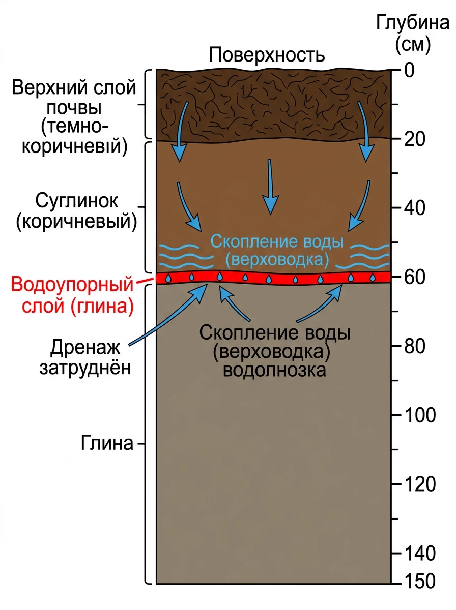 Разрез грунта: суглинок, водоупор и застой верховодки