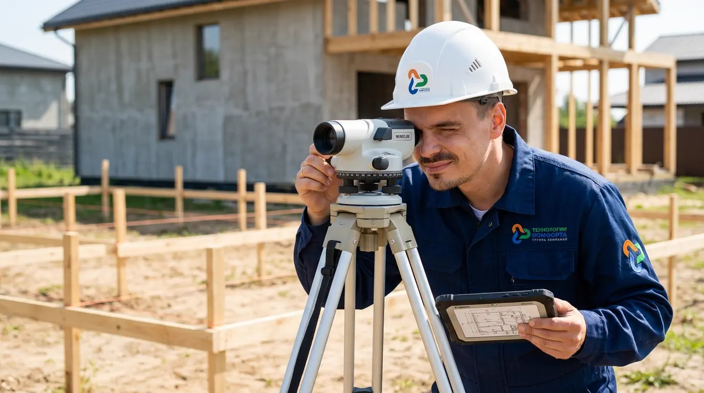 Инженер с нивелиром на участке