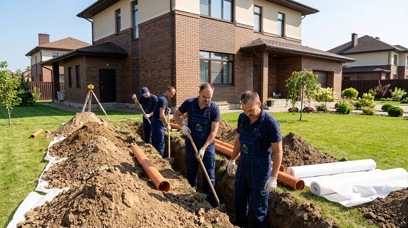 Бригада копает траншею для дренажа